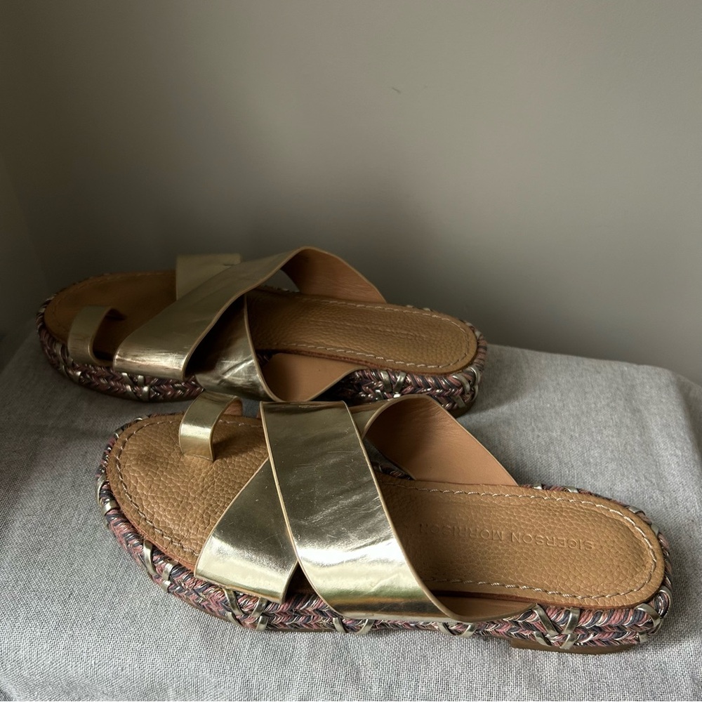 Sigerson Morrison gold leather & woven espadrille Jacob slide gladiator sandals